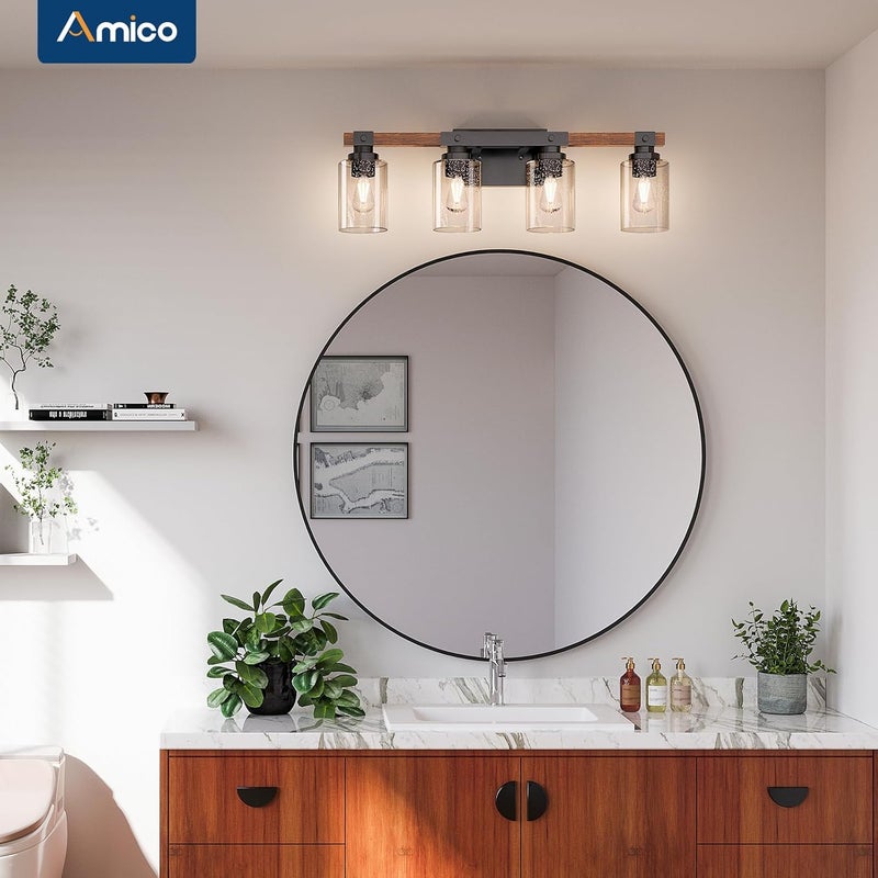Amico Farmhouse Bathroom Vanity Light Fixtures,Rustic 4-Light Industrial Painted Wood Lights,Vintage Black Wall Sconces Bathroom Vanity Lighting with Bubble Glass Shade - Image 3